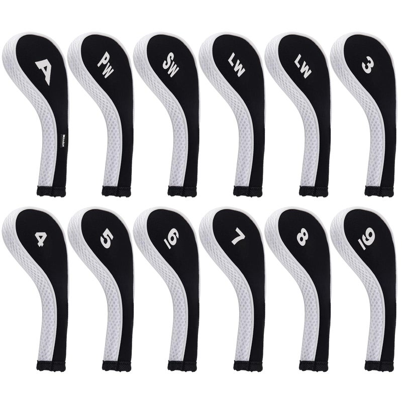 Andux 12pcs/Set Golf Iron Club Head Covers Number Print Long Neck with Zipper Black/White - Image 1